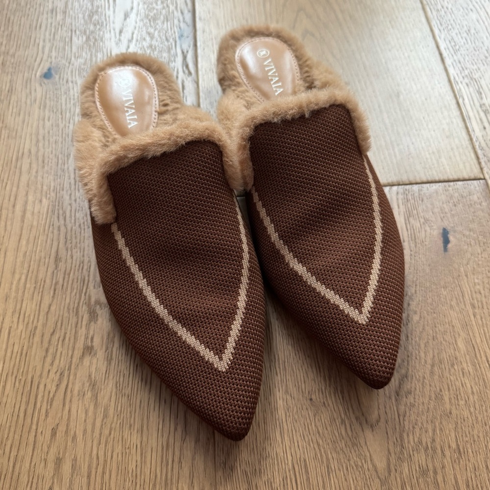 Vivaia - Tina Pointed-Toe Heeled Fluffy Mules - Size 37 - Brown & Tan - EUC+ - Picture 3 of 7